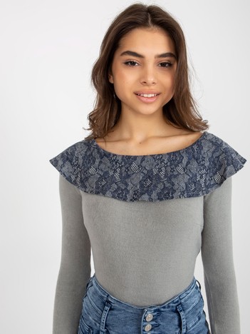 Grey and navy blue women's blouse with lace boat neckline
