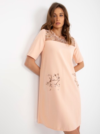 Peach Simple Cocktail Dress With Pockets