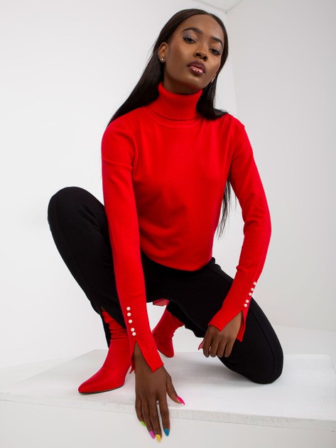 Red Women Slim Fit Turtleneck Sweater